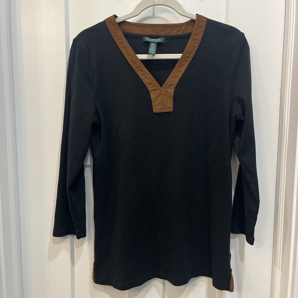 Lauren Ralph Lauren Tunic Top Faux Suede Preppy Classic Black Brown Sz Large